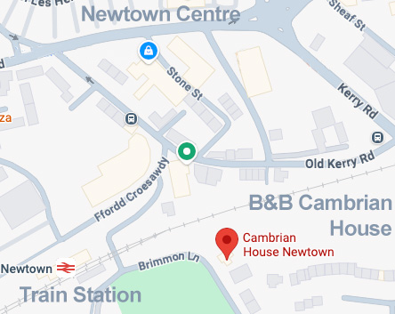 Map showing Cambrian House's location relative to Newtown train station and the town centre